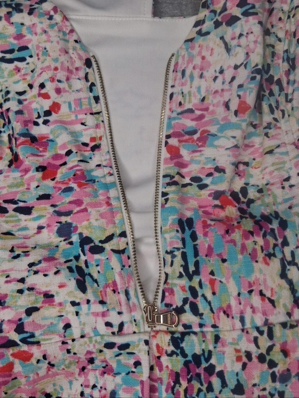 Guess Cocktail Dress Multicolor Sleeveless Smocked Sides Gold Zip Detail Size 12 - Picture 8 of 16